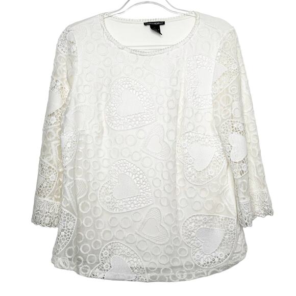 LAUREN MICHELLE Heart Lace Blouse 3/4 Sleeve Scoop Neck Sheer Mesh White Size M - Picture 1 of 6